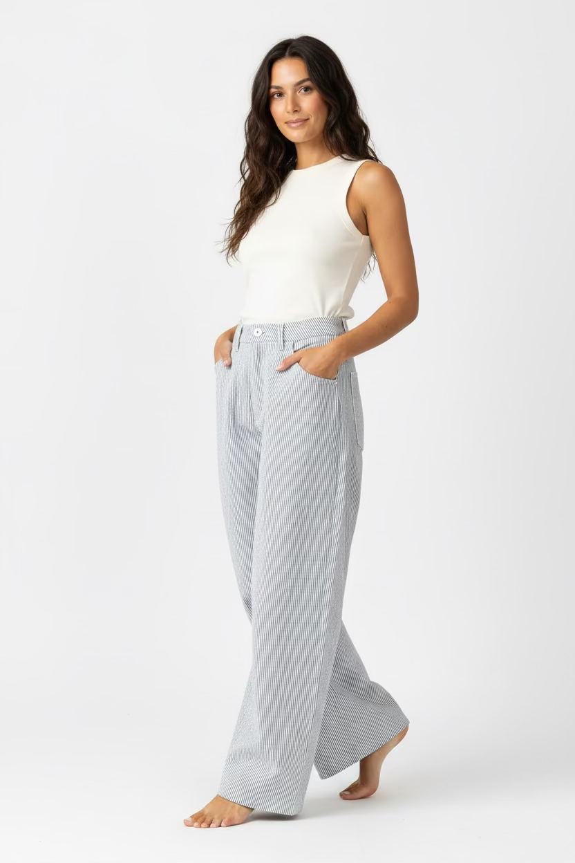 Pantalón Estilo Denin blanco de Rayas Azul  para Mujer