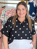 Blusa Negra de Lunares Blancos para Mujer/ Blusa Elegante Casual con Cuello Camisero/ Moda Femenina en Panamá