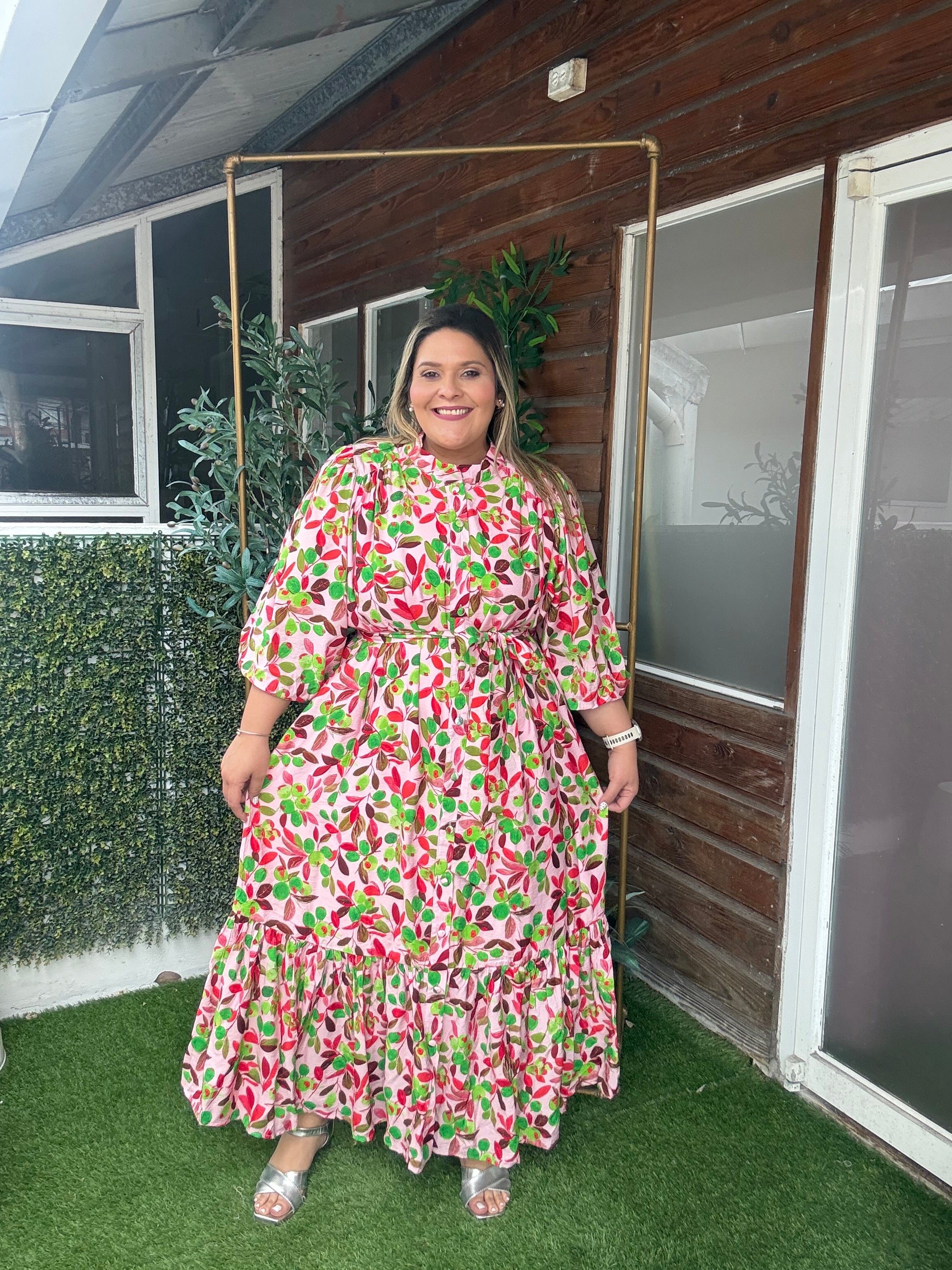 Vestido Largo Plus Size para Mujer Estampado Floral-Manga 3/4, Cintura Ajustable/ Vestido Fresco y elegante  Ropa para Mujer en Panamá