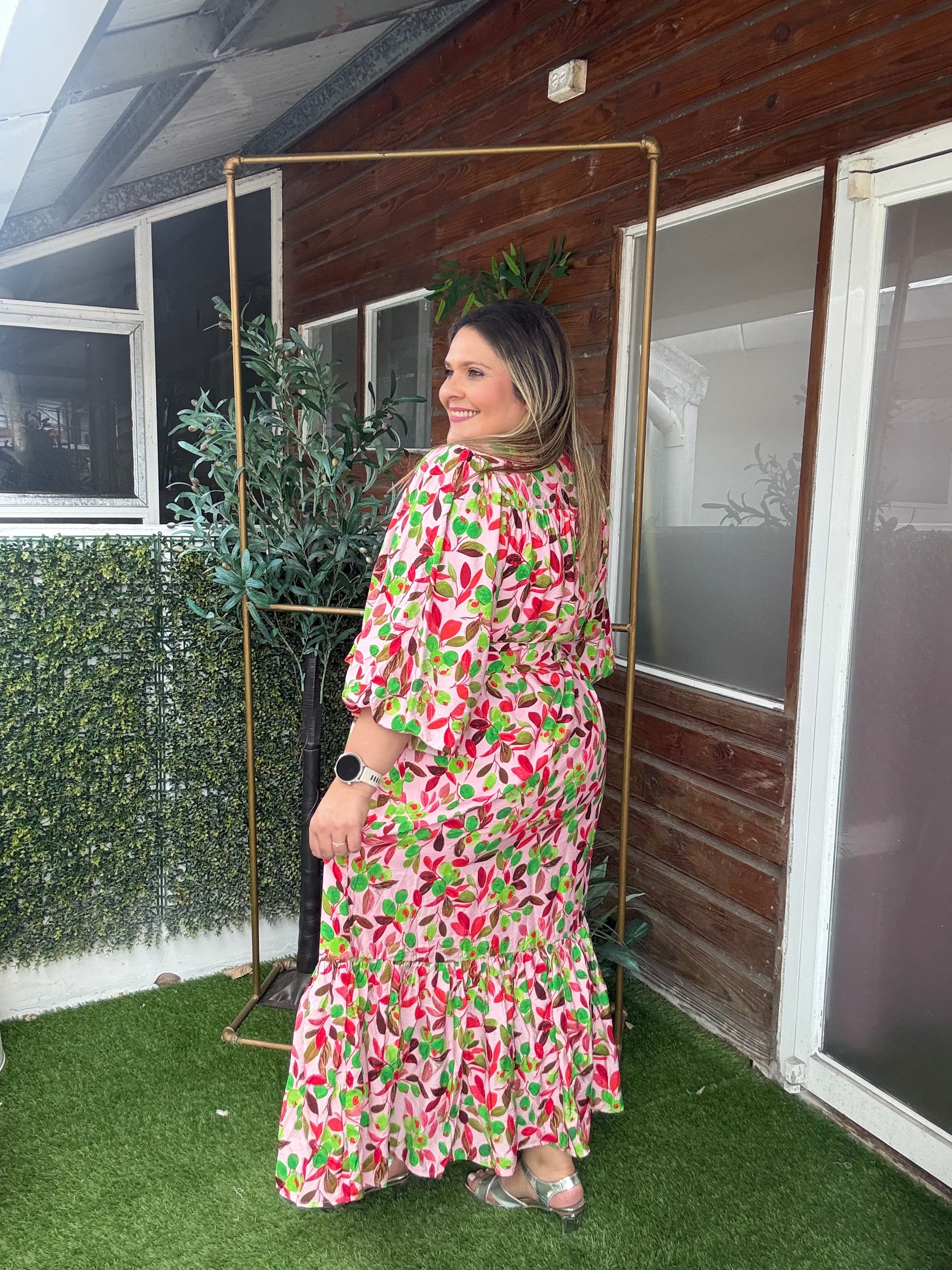 Vestido Largo Plus Size para Mujer Estampado Floral-Manga 3/4, Cintura Ajustable/ Vestido Fresco y elegante  Ropa para Mujer en Panamá