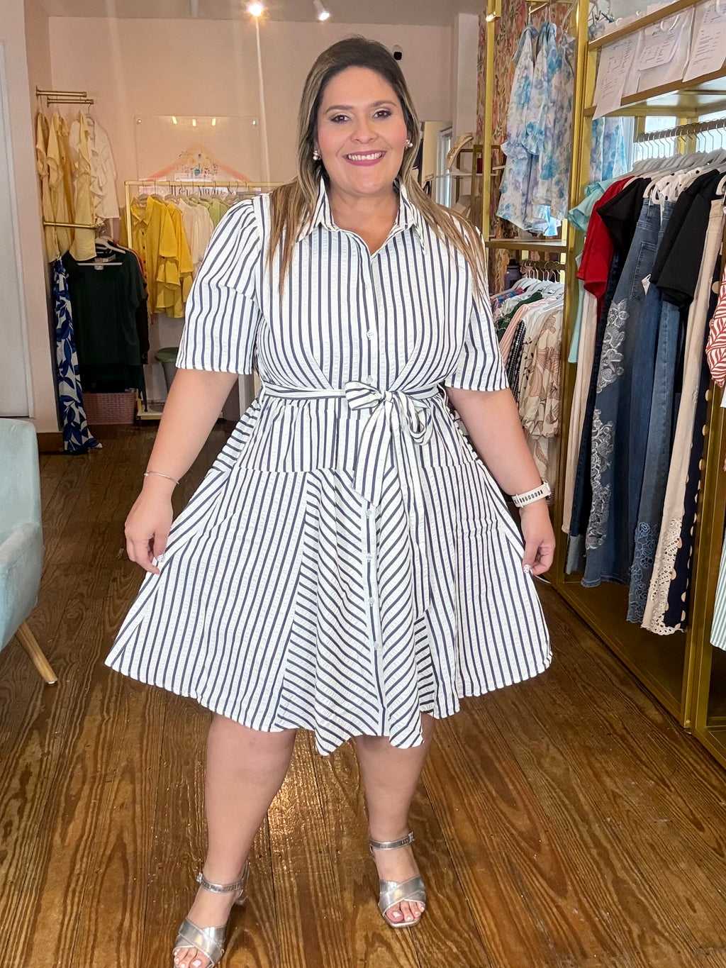 Vestido Plus Size de Rayas Mujer | Vestido Camisero con Cinturón Talla Grande Panamá