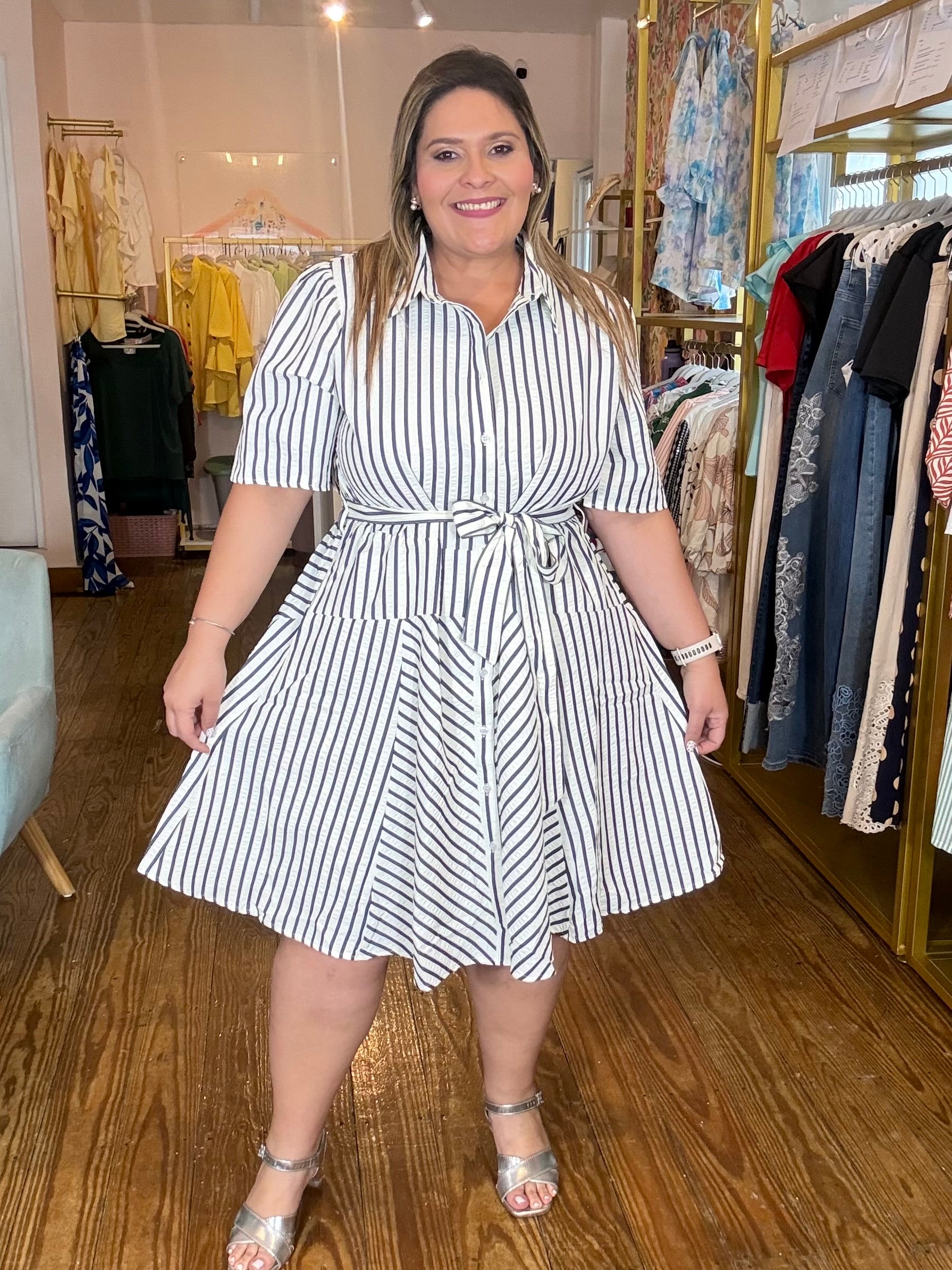 Vestido Plus Size de Rayas Mujer | Vestido Camisero con Cinturón Talla Grande Panamá
