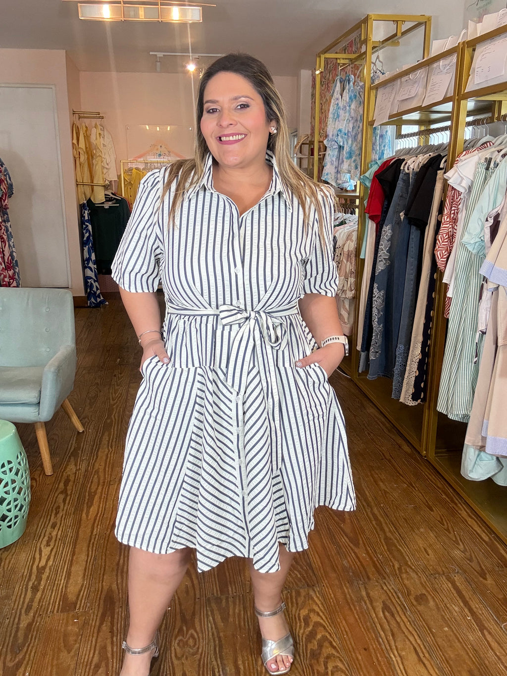 Vestido Plus Size de Rayas Mujer | Vestido Camisero con Cinturón Talla Grande Panamá