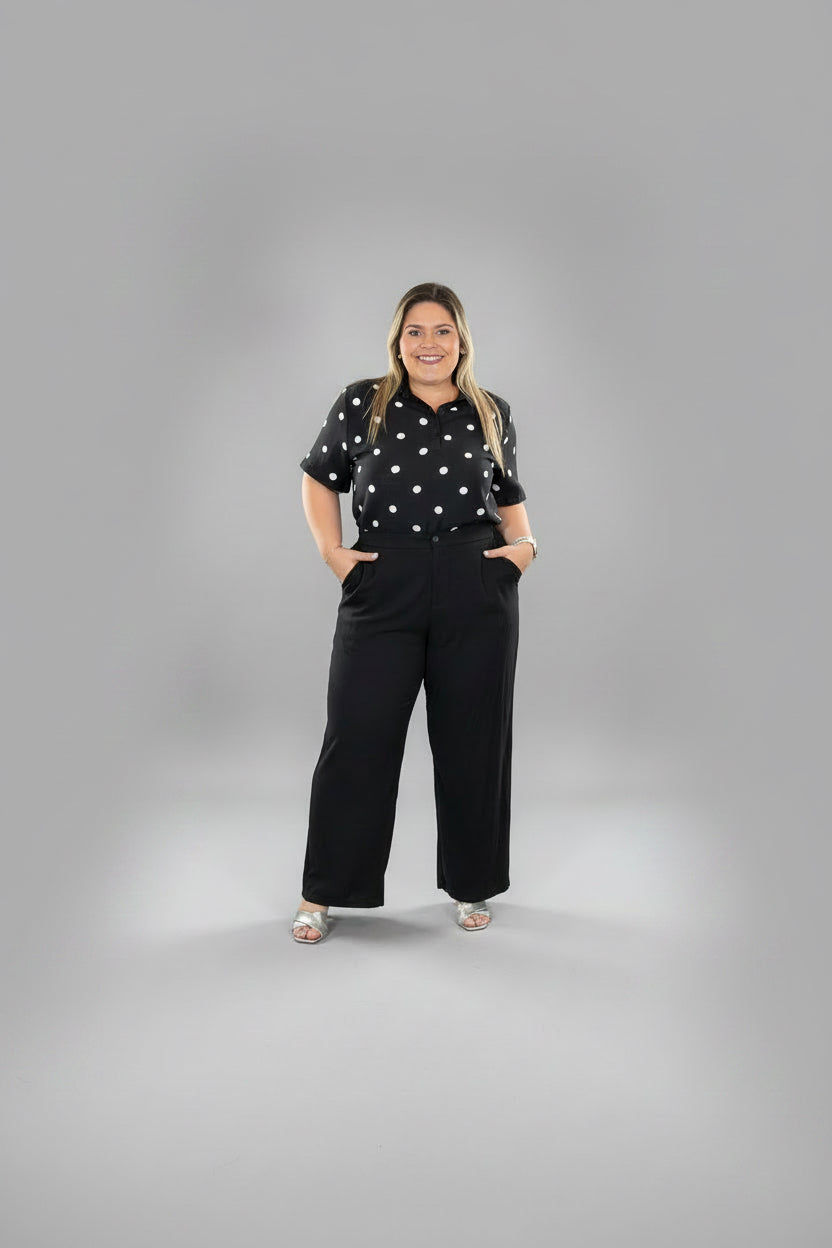 Pantalón Negro Plus Size Mujer Tipo Culotte-Palazzo/Pantalón Tiro Alto, Elegante para Mujer en Panamá