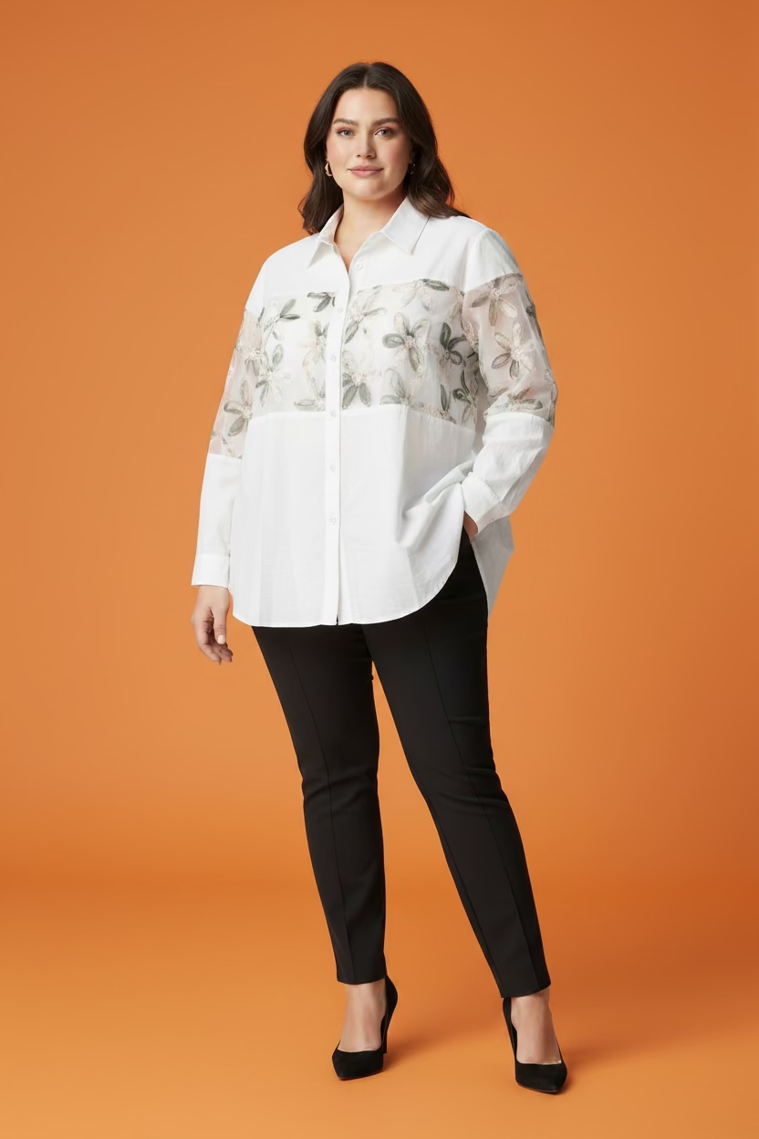 Blusa Plus Size Blanca con Transparencia Floral | Camisa Elegante para Mujer Tallas Grandes Panamá