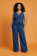 Conjunto Plus Size de Mezclilla Oscura con Chaleco y Pantalón Palazzo/ Set de Denim para Mujer Curvy en Panamá
