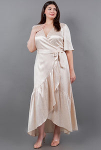 SATIN EMBOSSED WRAP DRESS