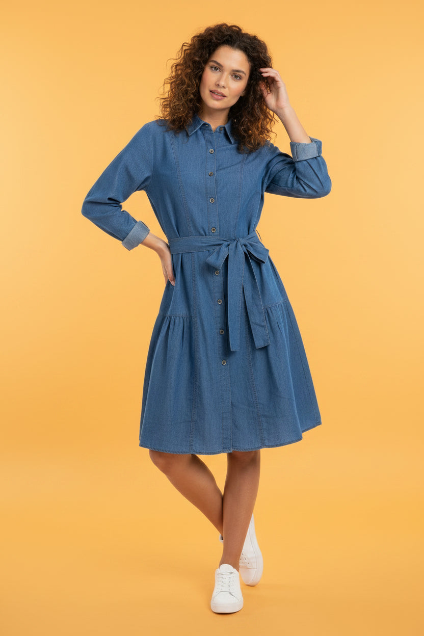 Vestido Camisero de Mezclilla Manga Larga con Cinturón – Vestido Denim Corto | Moda para Mujer en Panamá