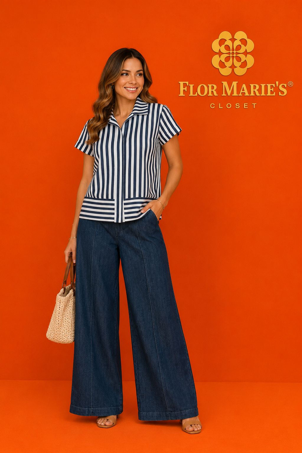 Blusa Corta Rayas Azul Marino y Blanco – Manga Corta Oversize Cuello Camisero | Ropa para Mujer en Panamá