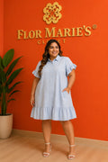 Vestido Camisero Plus Size Celeste con Mangas Volante, Bolsillos y Falda Amplia | Tallas Grandes Panamá