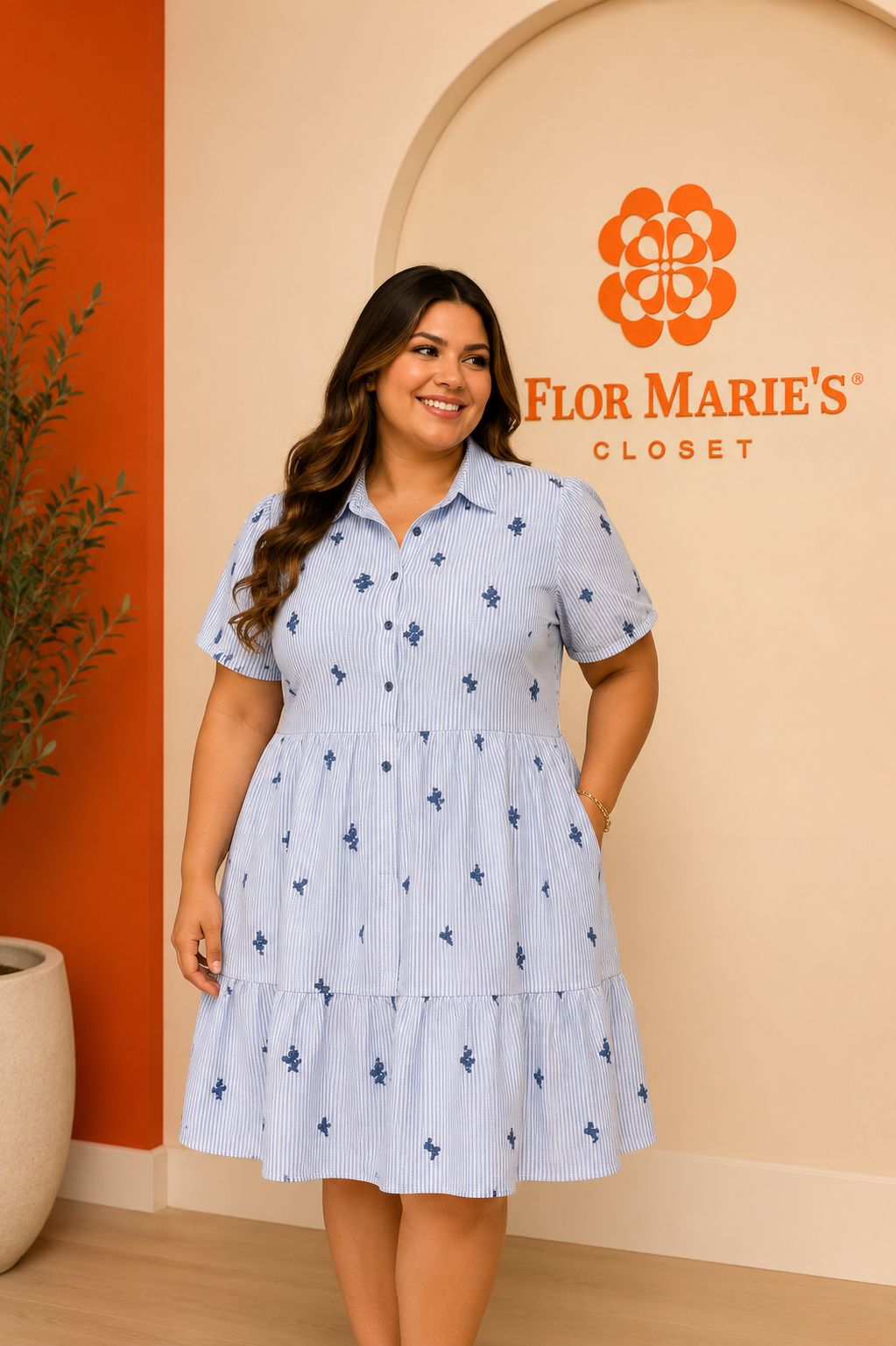 Vestido Corto Rayas y Florecitas Azul Marino y Blanco – Manga Corta Camisero | Ropa para Mujer en Panamá