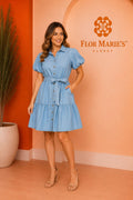 Vestido Corto de Mezclilla Clara Manga Corta con Cinturón – Denim Ligero |Ropa para Mujer en  Panamá