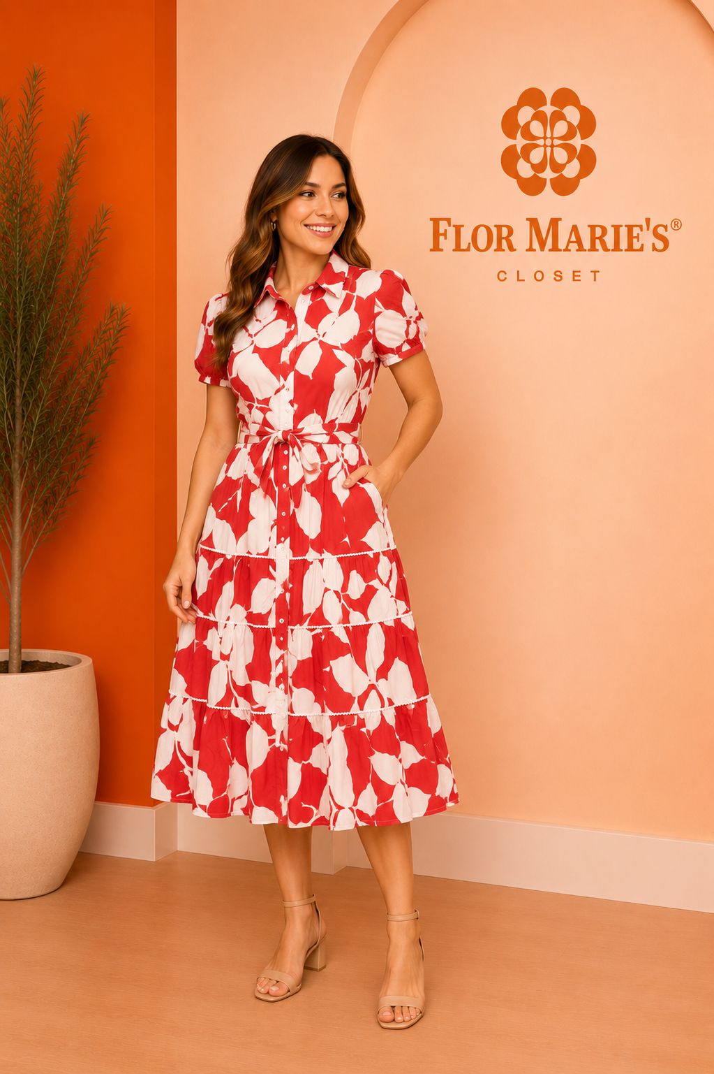 Vestido Midi Camisero Estampado Hojas Rojo y Blanco – Manga Corta con Cinturón | Panamá