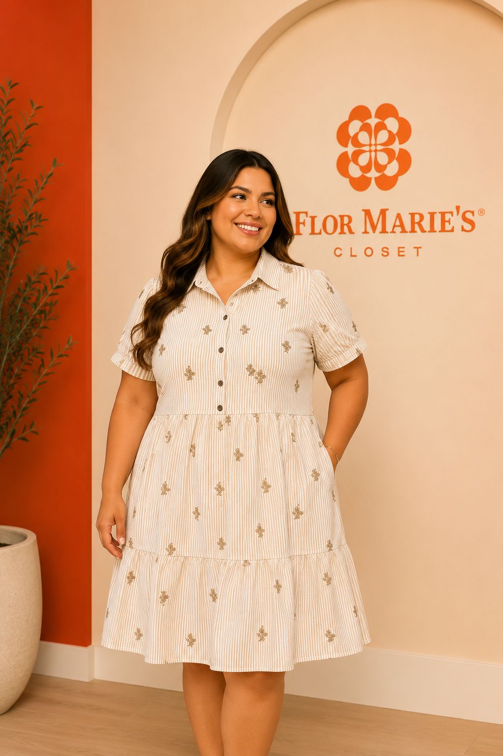 Vestido Camisero Rayas con Bordado Floral, Manga Corta, Falda Volante | Boutique Panamá