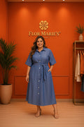 Vestido Plus Size Denim Camisero Manga Corta con Cinturón | Vestido Talla Plus Size para Mujer en Panamá