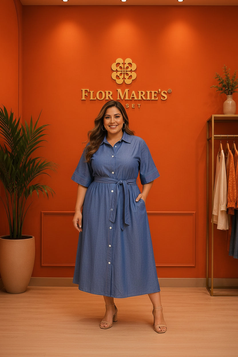 Vestido Plus Size Denim Camisero Manga Corta con Cinturón | Vestido Talla Plus Size para Mujer en Panamá