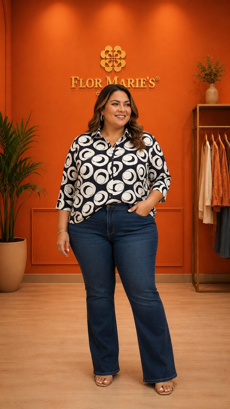 Blusa Estampada Círculos Blanco y Negro Talla Plus Size/Blusa con Botones Manga 3/4 para Mujer en Panamá