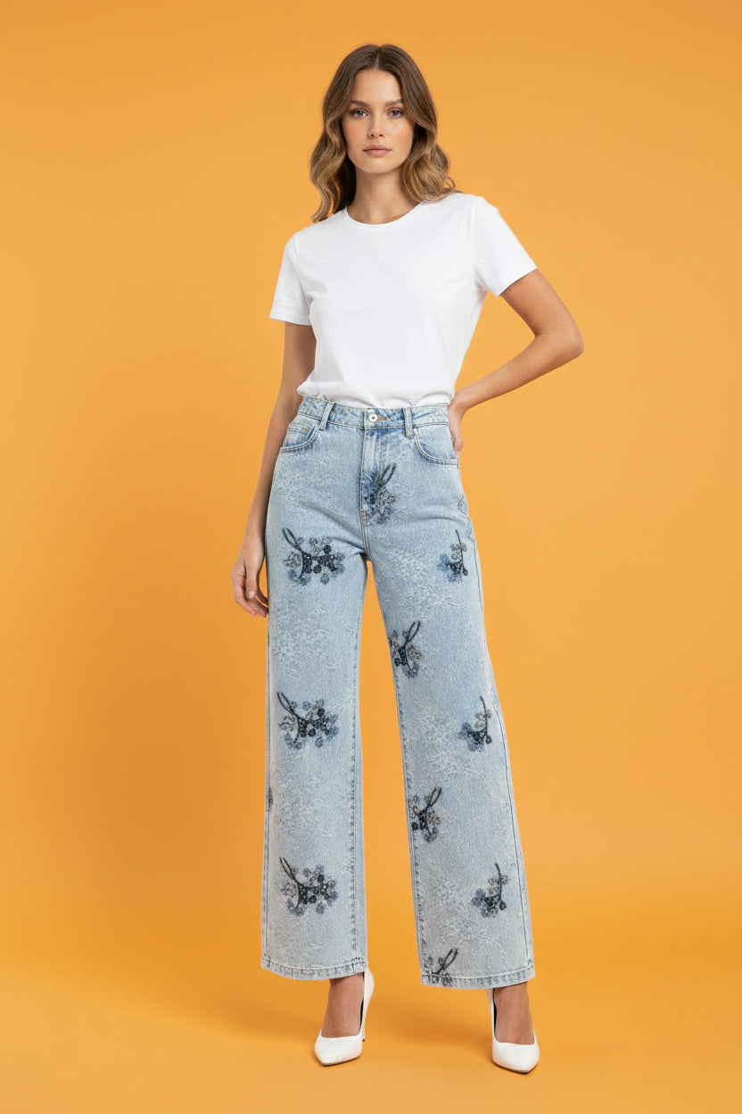Pantalón de Mezclilla Bordado con Pedrería Acid Wash | Jeans para Mujer en Panamá