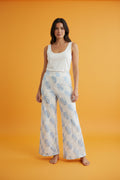 Pantalón Wide Leg Crochet Celeste y Beige - Cintura Alta Boho Chic/Pantalones para Mujer en Panamá