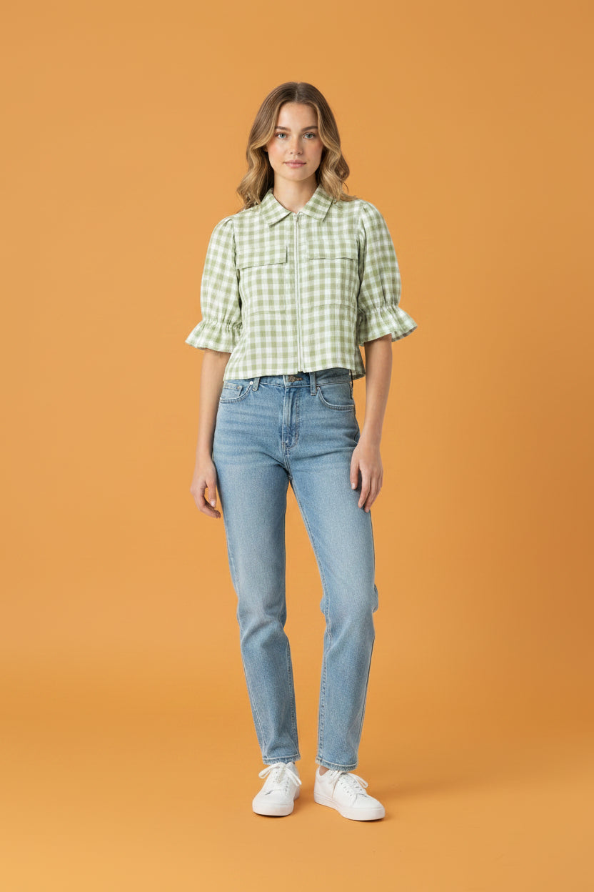 Blusa Vichy Verde con Cierre - Mangas 3/4 Volantes Estilo Boho/Blusa para Mujer en Panamá