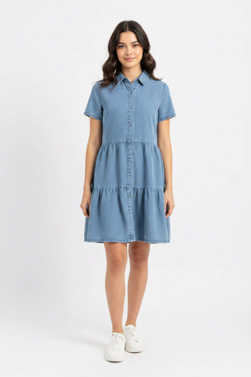 Vestido Camisero de Mezclilla con Volantes Escalonados - Manga Corta/ Vestido para Mujer en Panamá