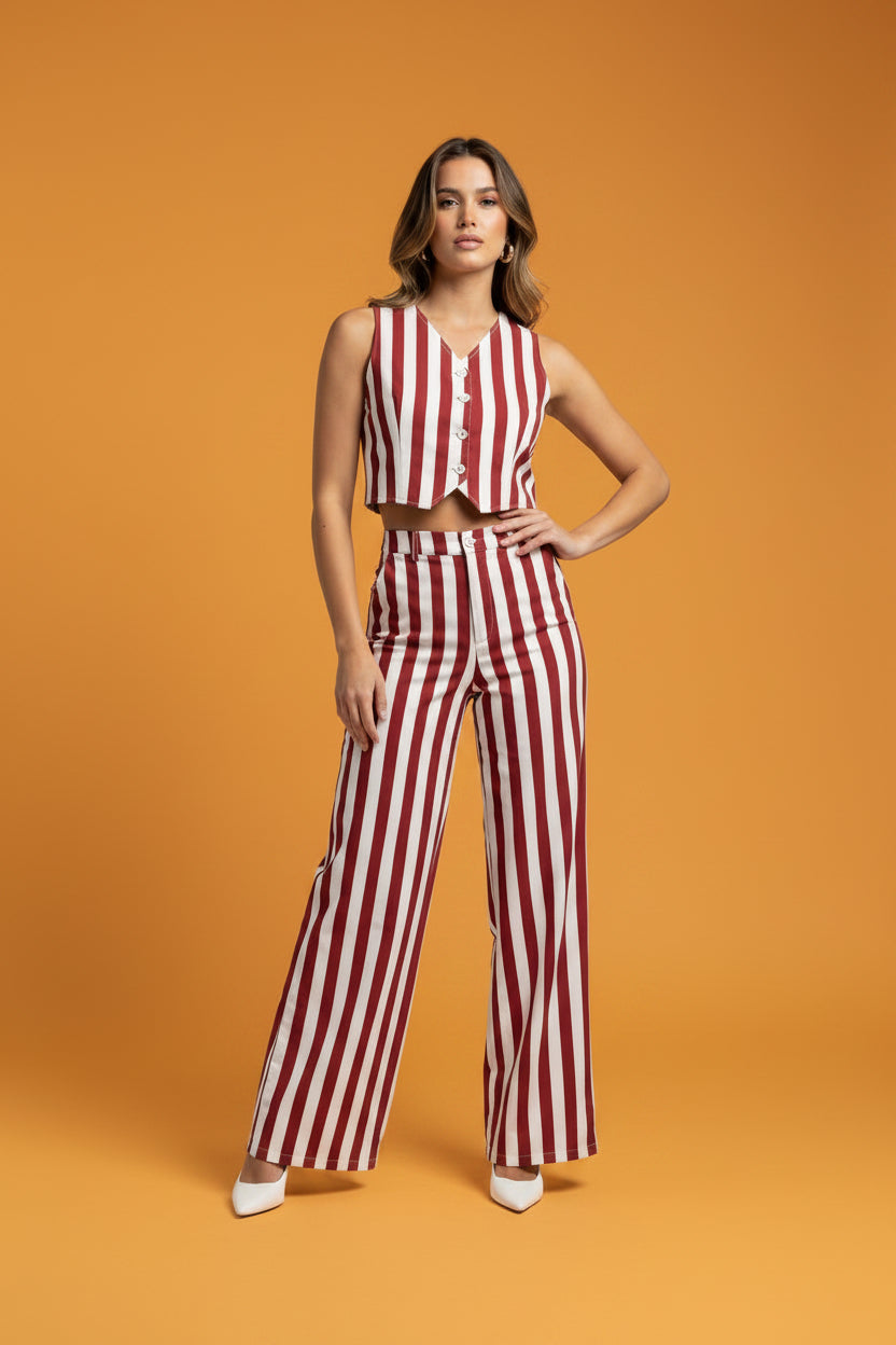 Conjunto Rayas Rojo y Blanco Top Crop y Pantalón Ancho | Flor Marie's Ropa para Mujer en Panamá