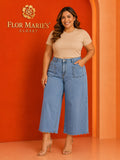 Pantalón Culotte Jean Tallas Grandes Mujer con Bolsillos Bordado Ondas | Jeans para Mujer en Panamá
