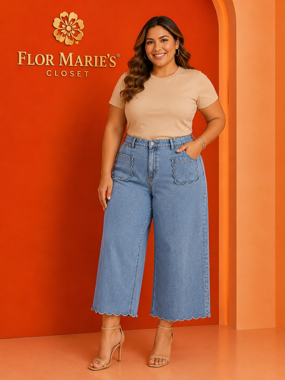 Pantalón Culotte Jean Tallas Grandes Mujer con Bolsillos Bordado Ondas | Jeans para Mujer en Panamá