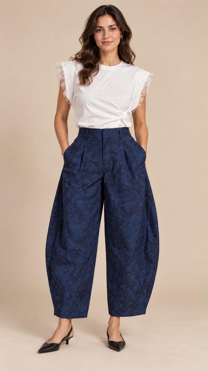 Pantalón Barrel Azul Marino Estampado para Mujer