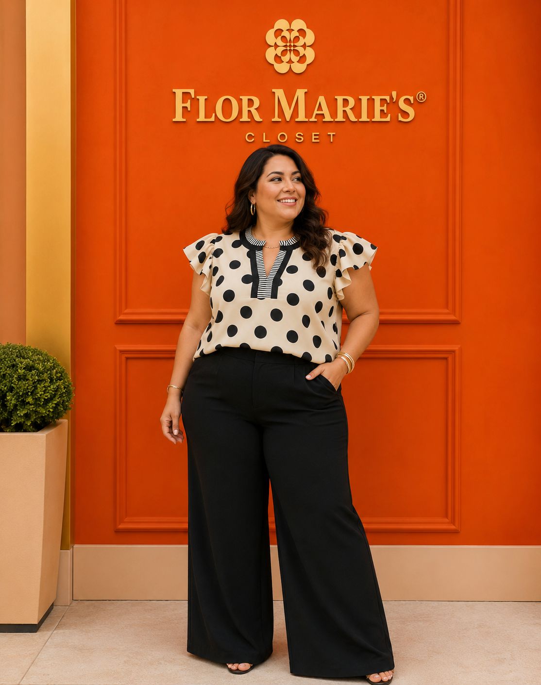 Blusa Plus Size de Lunares Beige y Negro con Volantes/Blusa Elegante para Mujer Curvy en Panamá