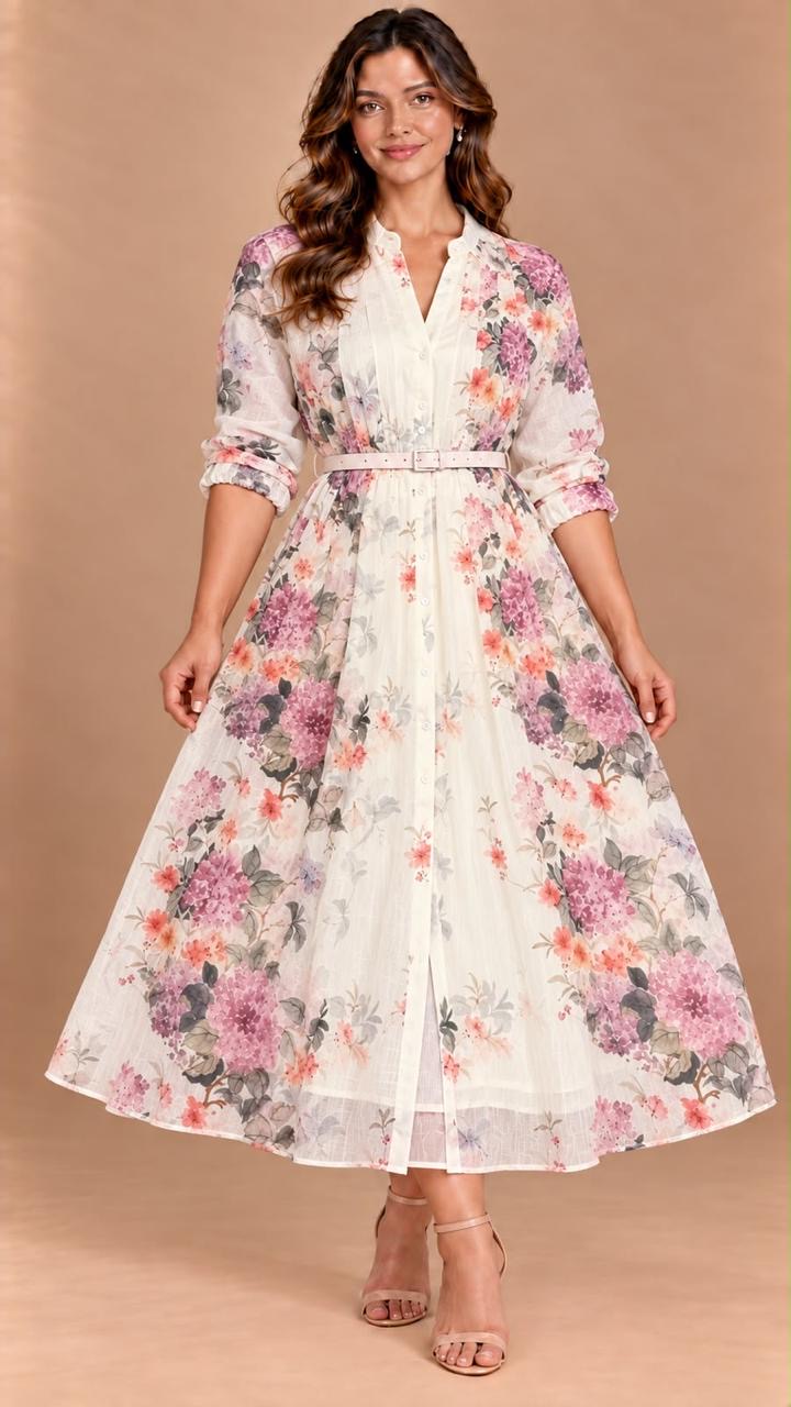 Vestido Midi Floral Elegante con Cinturón y Manga 3/4 para Mujer