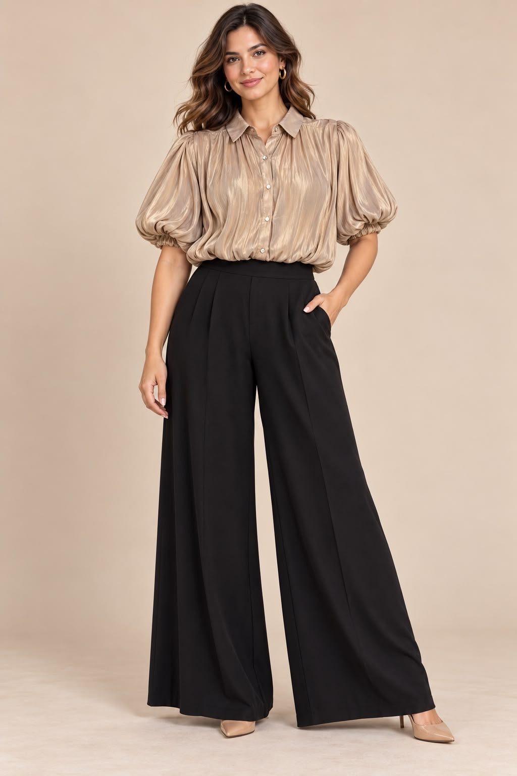 Blusa Satinada Champagne con Manga Abullonada para Mujer