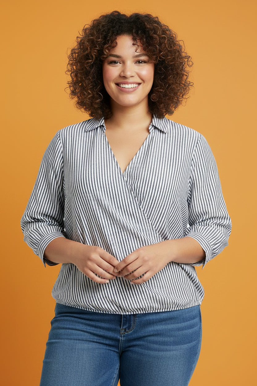 Blusa Rayas Cruzada Wrap Manga 3/4 Talla Plus | Flor Marie's Ropa para Mujer en Panamá