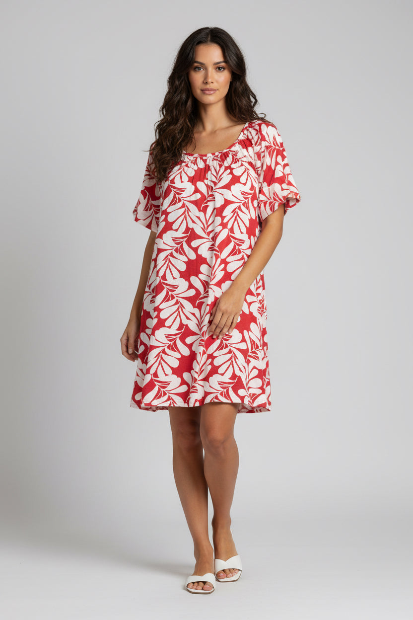 Vestido Mini Estampado Tropical Rojo y Blanco – Moda Mujer Panamá