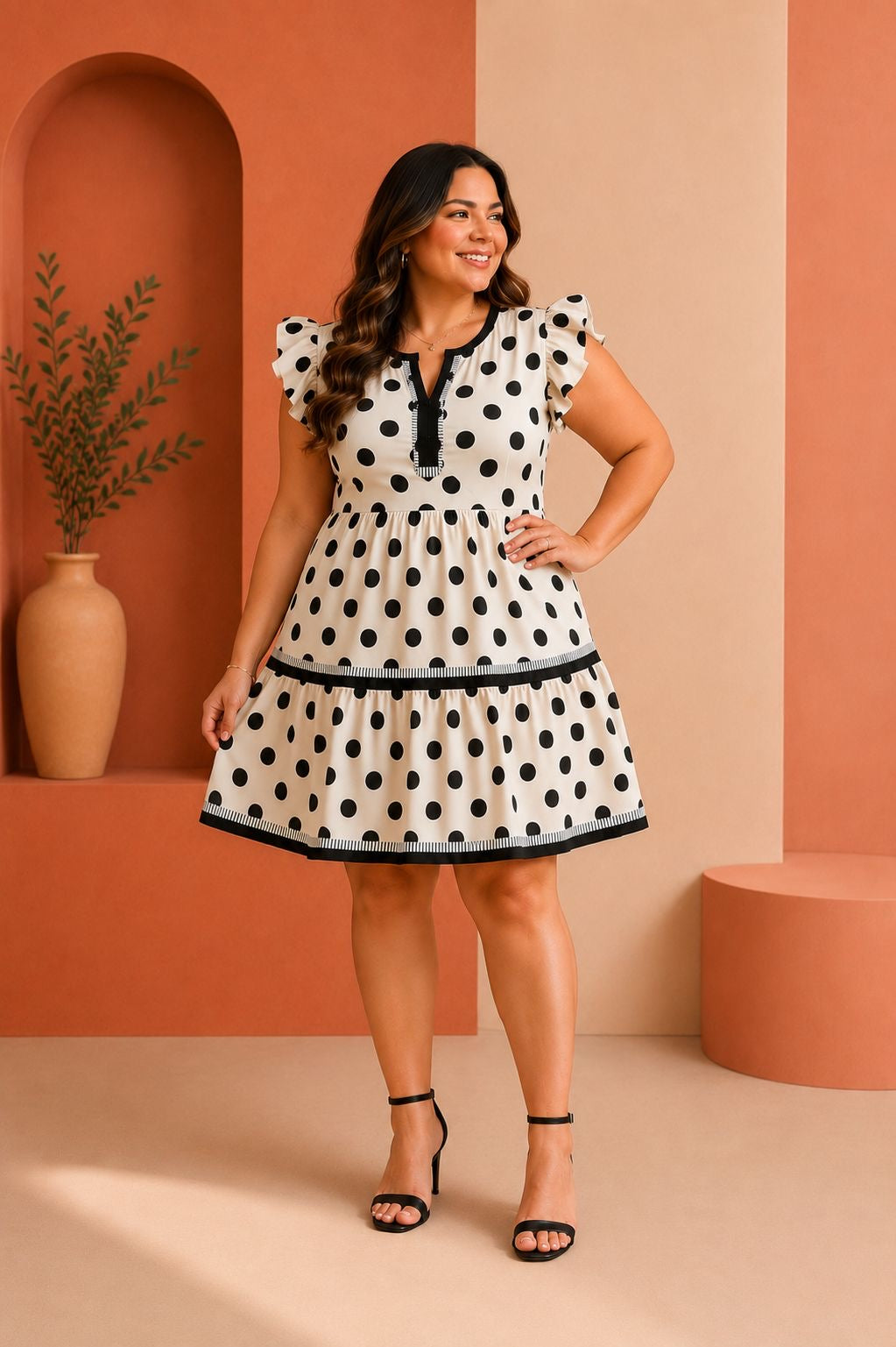 Vestido Plus Size de Lunares Beige y Negro con Volantes/Vestido Corto elegante para Mujer Curvy en Panamá