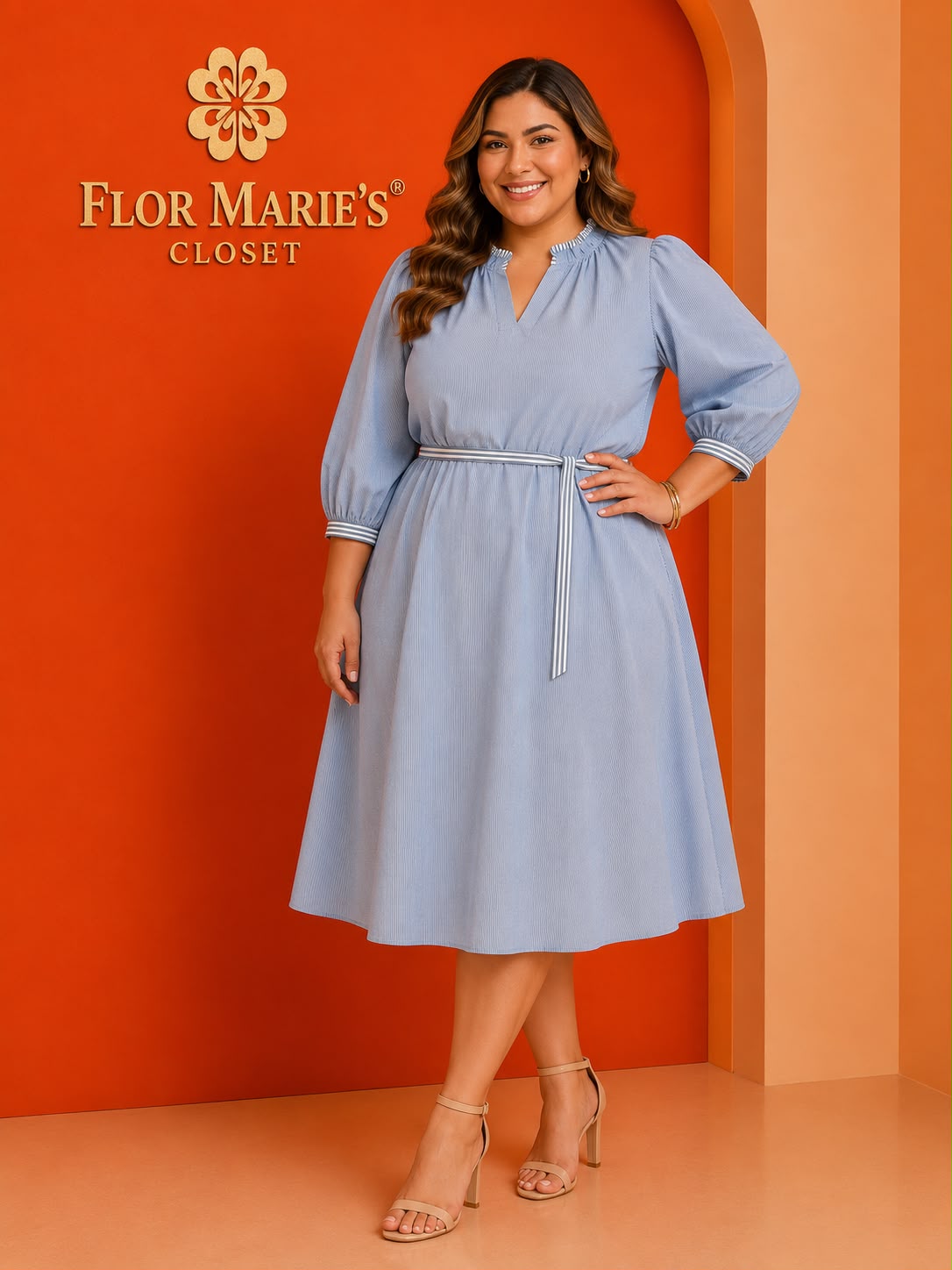 Vestido Midi Celeste Manga 3/4 con Cinturón Cuello Fruncido y Corte Evasé/Vestido Tallas Grandes para Mujer en Panamá
