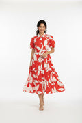 Vestido Midi Camisero Estampado Hojas Rojo y Blanco – Manga Corta con Cinturón | Panamá