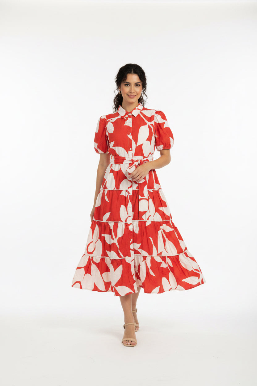 Vestido Midi Camisero Estampado Hojas Rojo y Blanco – Manga Corta con Cinturón | Panamá