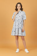 Vestido Corto Rayas y Florecitas Azul Marino y Blanco – Manga Corta Camisero | Ropa para Mujer en Panamá
