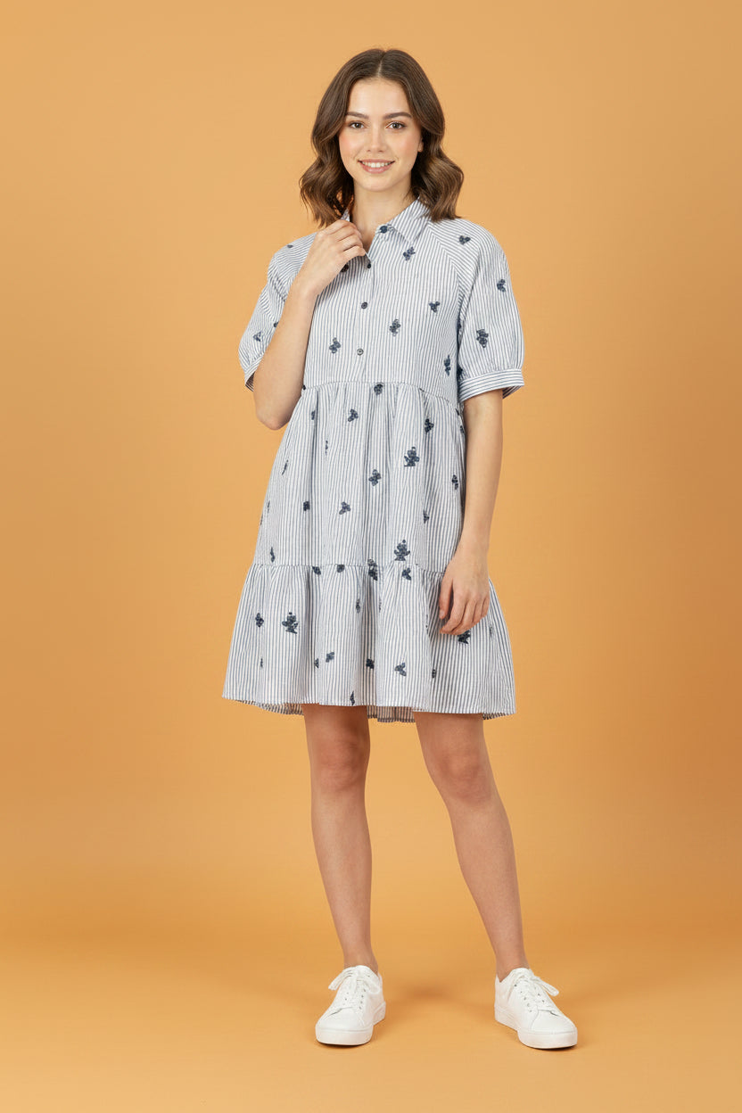 Vestido Corto Rayas y Florecitas Azul Marino y Blanco – Manga Corta Camisero | Ropa para Mujer en Panamá