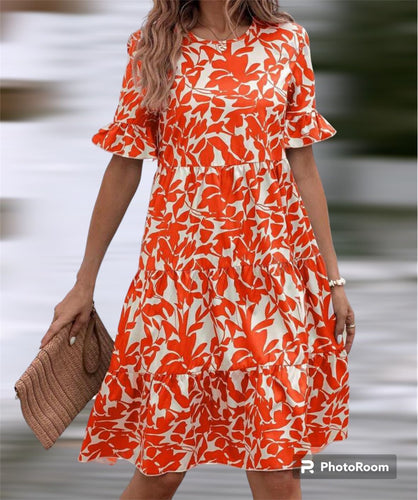 VESTIDO BEIGE-ESTAMPADO NARANJA