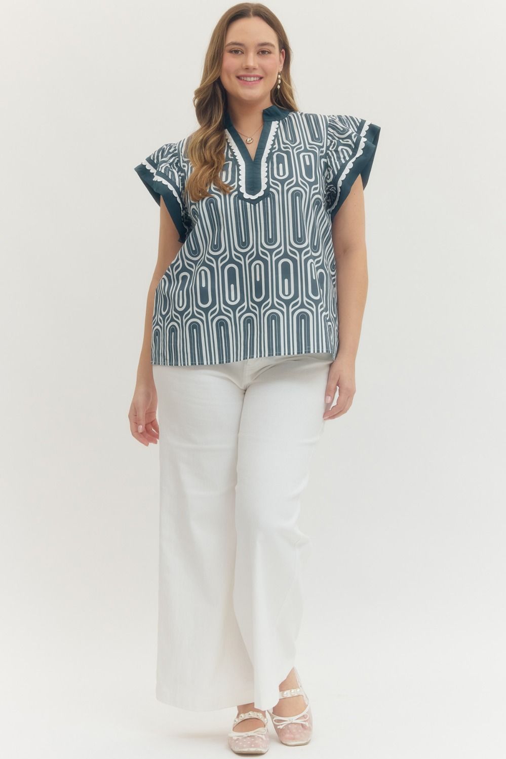 CONDADO-ENTRO-T29444P-Blusa Estampada Manga Volante Plus