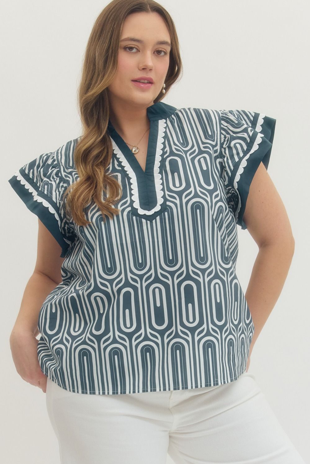 CONDADO-ENTRO-T29444P-Blusa Estampada Manga Volante Plus