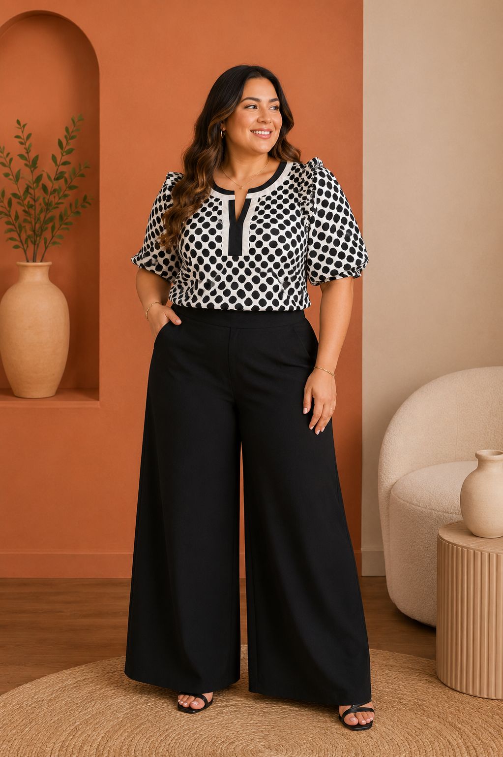 Blusa Plus Size Estampado Blanco y Negro con Mangas 3/4/Blusa Elegante para Mujer Curvy en Panamá