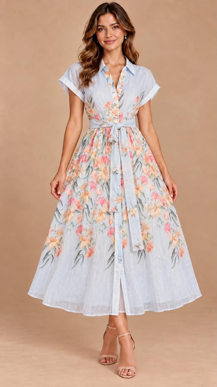Vestido Midi Camisero Floral Azul Cielo con Fajón para Mujer