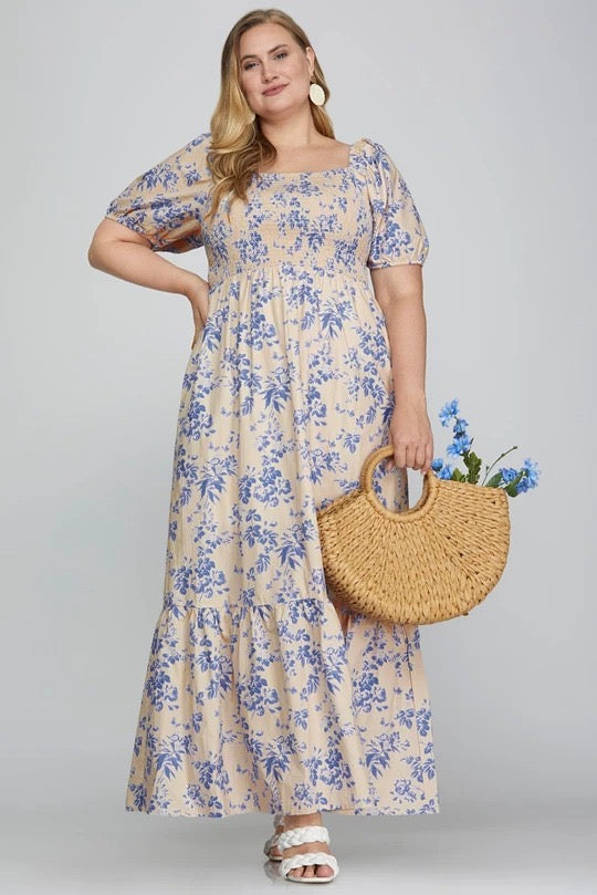 VESTIDO DERLY BEIGE ESTAMPADO AZUL