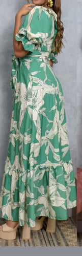 VESTIDO VERDE FLORES BEIGE