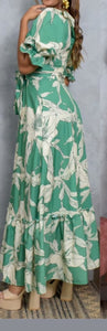 VESTIDO VERDE FLORES BEIGE