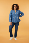 Blusa Chambray Bordada Botones Talla Plus | Flor Marie's Ropa para Mujer en Panamá