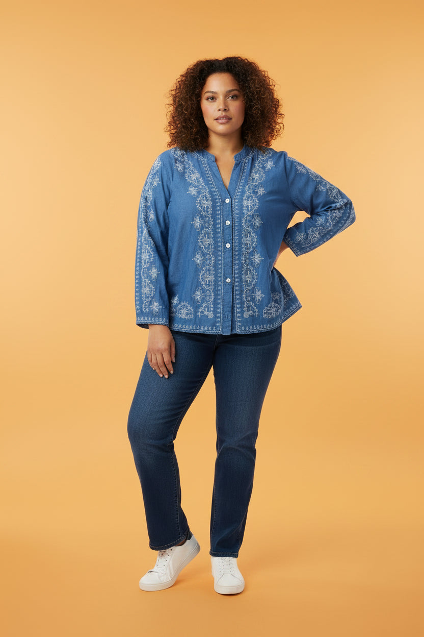 Blusa Chambray Bordada Botones Talla Plus | Flor Marie's Ropa para Mujer en Panamá